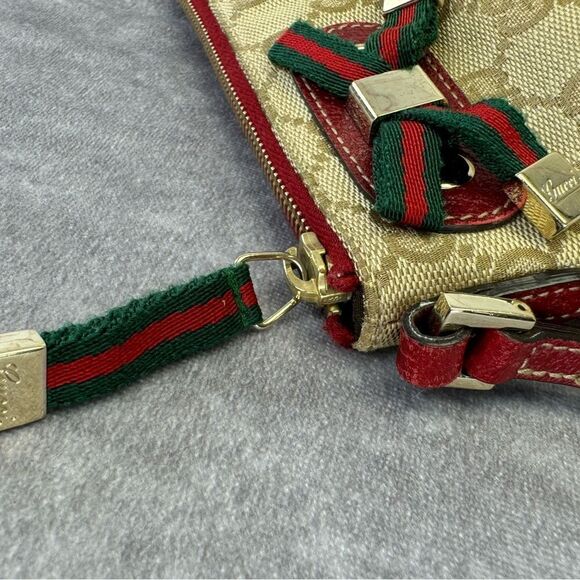 Gucci Sherry Web Bow Khaki Gg Monogram Canvas Wristlet Bag - Picture 6 of 12